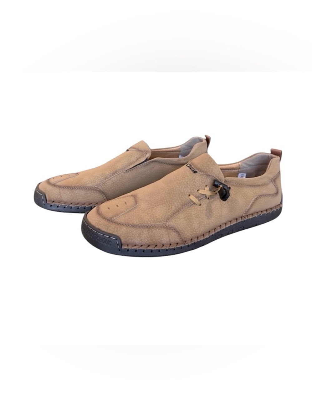 Handmade men’s 48 (14) leather casual flat tan moccasin loafers